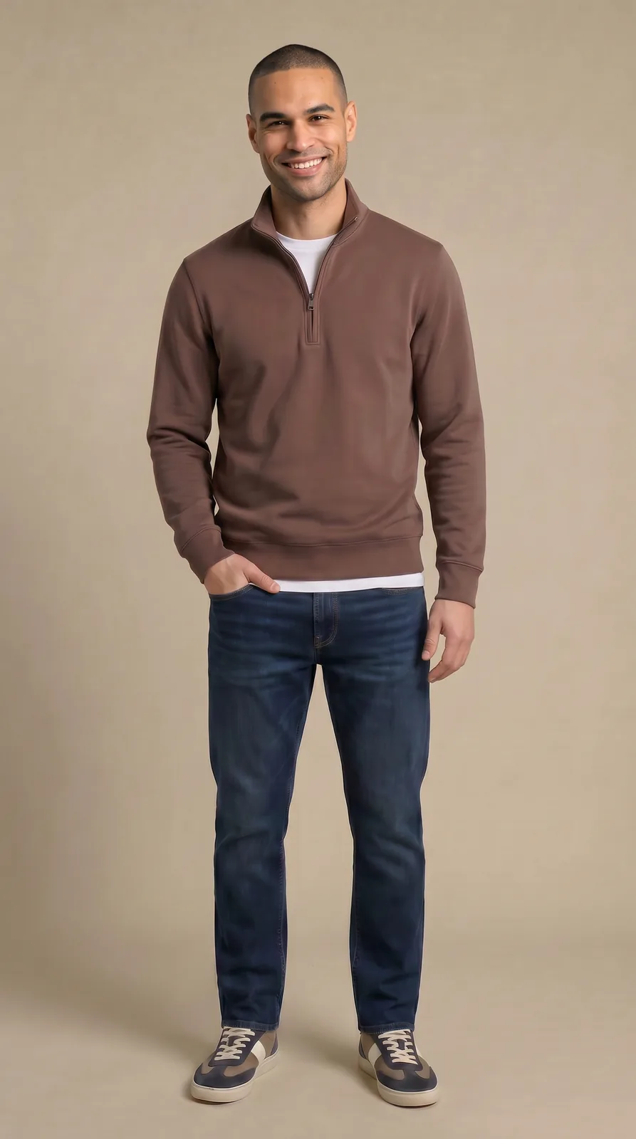 Men Brown Quarter-Zip Pullover